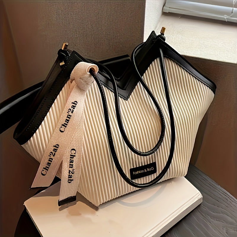 Chic Love-Themed Tote Bag - High-Capacity Beige & Black Design with Ribbon Accent, Versatile for Work and Casual Use, Durable PU Material, Zip Closure